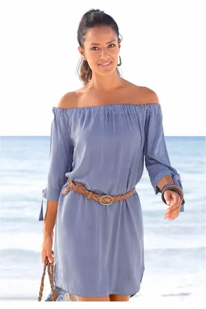 Lascana Blousejurk met gestreepte print en carmen halslijn, zomerjurk, strandjurk