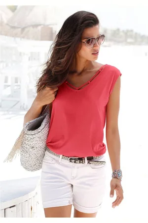 QS by s.Oliver T-shirt met sierbandjes bij de hals, shirt met korte mouwen, zomers