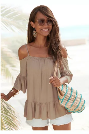 Buffalo Blouse zonder sluiting van geweven viscose, damesblouse met volants, korte mouw blouse