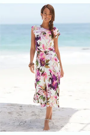 beachtime Midi-jurk met bloemenprint en elastische tailleband, zomerjurk, strandjurk