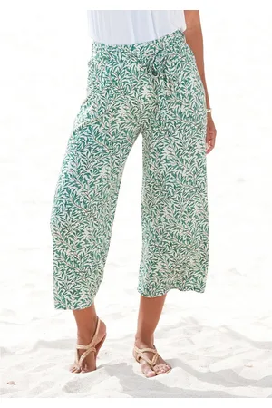 beachtime Culotte met bladprint en striklint, luchtige lichtgewicht zomerbroek (Met een bindceintuur)