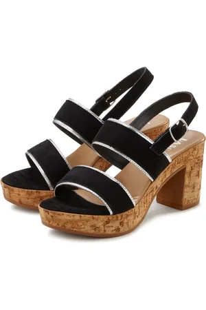 Lascana Sandaaltjes Bandjesandalen, sandalen, zomerschoenen van leer met kurken voetbed en plateau en blokhak