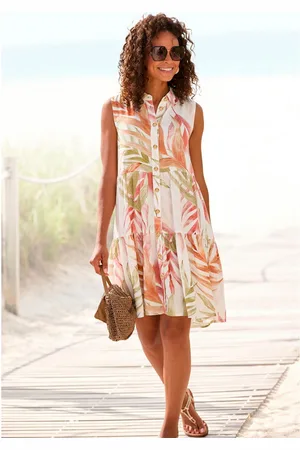 Lascana Jurk met overhemdkraag met alloverprint en volants, mouwloze zomerjurk, strandjurk