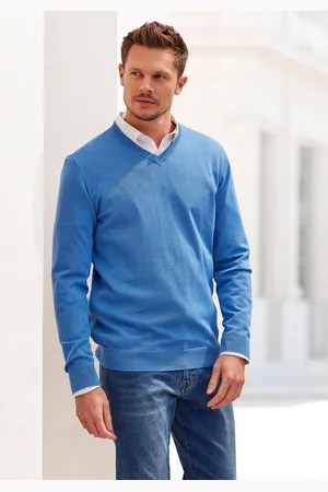 H.I.S Gebreide trui met v-hals, pullover van fijn breiwerk, katoenmix