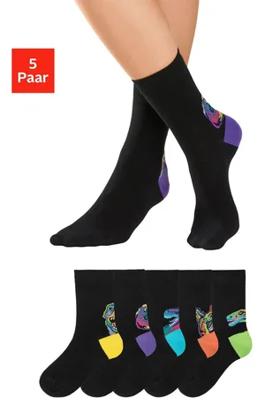 H.I.S Vrijetijdssokken met kleurrijke dino-motieven boven de hiel (set, 5 paar)