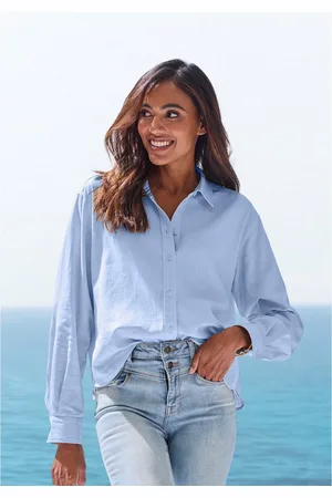 Buffalo Overhemdblouse met linnenpercentage, luchtige lange blouse met overhemdkraag