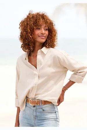 Buffalo Overhemdblouse met linnenpercentage, luchtige lange blouse met overhemdkraag