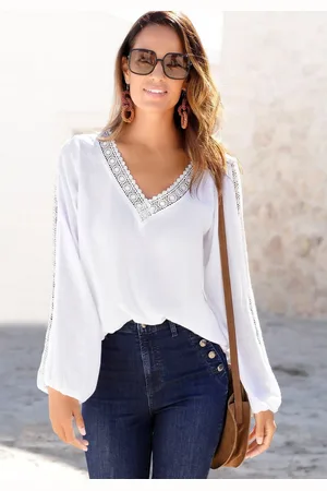vivance collection Gekreukte blouse met kantinzetten, zomerse damesblouse, lange mouwen blouse