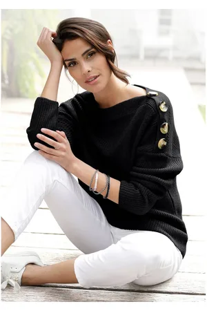 Lascana Gebreide trui met knopen in off-shoulder-stijl, damestrui van katoenmix