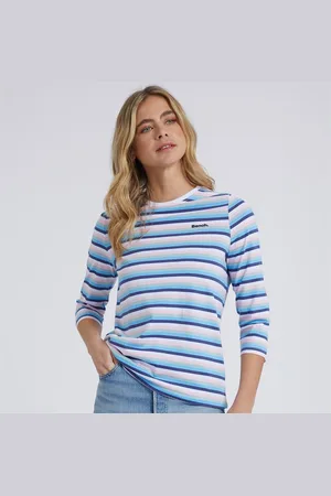 Bench Dames Auborn Langarm T-shirt Wit/Licht Stoflig Roze/Groen/Blauw/Marine Streep