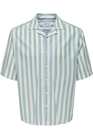 Only & Sons Herenshirt Tes Relax Katoen Slub Streep Korte Mouw Seaspray Streep