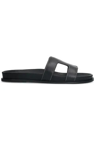 Manfield Zwarte leren slippers