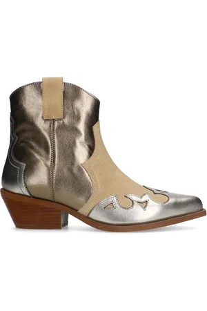 Manfield Beige suède cowboy laarzen met metallic details