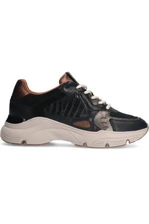 Manfield Zwarte leren sneakers met crocoprint