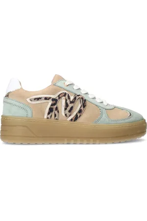 Manfield Beige suède sneakers met mint groene details