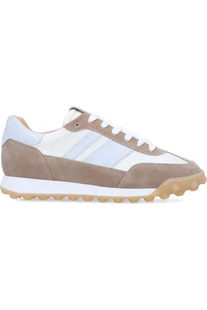 Manfield Witte leren sneakers met taupe suède details