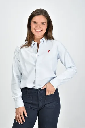 Ami Boxy fit gestreepte blouse Red ADC met geborduurd logo blauw
