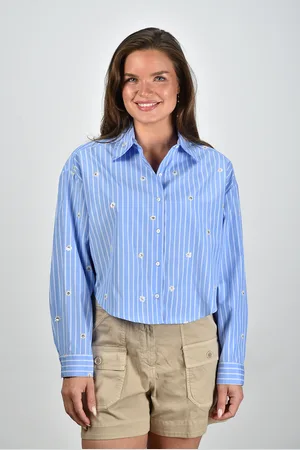 Aspesi Blouse cropped blauw gestreept met bloem detail