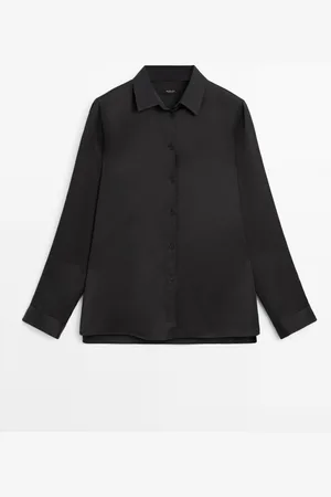 Massimo Dutti Dames - Satijnen Blouse Met Lange Mouw En Splitten - Donkerblauw - Xs