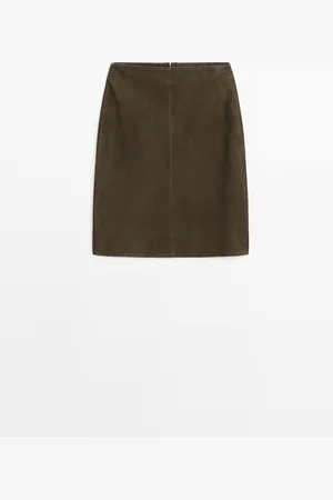 Massimo Dutti Dames - Suède Leren Halflange Rok - Groen - L