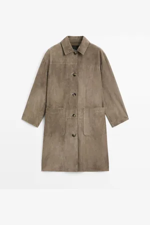 Massimo Dutti Dames - Suède Leren Trenchcoat - Molbruin - Xs