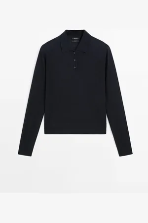 Massimo Dutti Dames - 100% Wollen Trui Met Polokraag En Knopen - Marineblauw - Xs