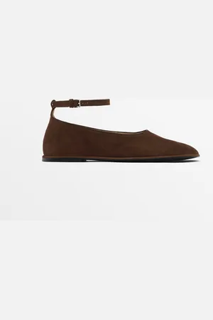Massimo Dutti Dames - Ballerina Met Enkelbandje Met Gesp - Bruin - 36
