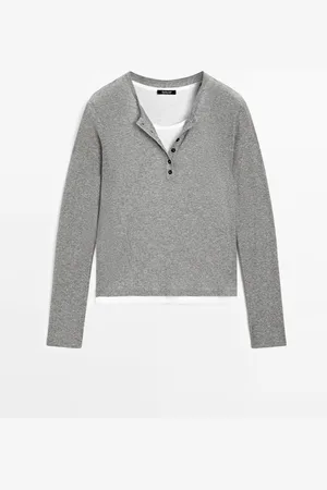 Massimo Dutti Dames - T-Shirt Met Dubbele Kraag En Knopen - Grijs - L