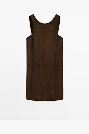 Massimo Dutti Dames - Suède Leren Mini-Jurk - Bruin - Xs