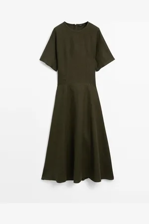 Massimo Dutti Dames - 100% Linnen Jurk Met Korte Mouw - Groen - S