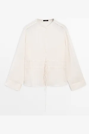 Massimo Dutti Dames - Soepelvallende Halfdoorschijnende Blouse Met Strikken - Ecru - Xs