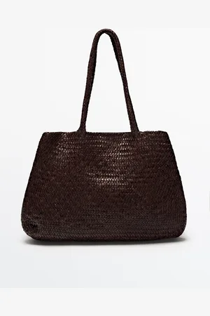 Massimo Dutti Dames - Grote Gevlochten Nappaleren Shopper - Bruin - 01