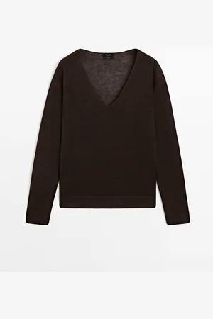 Massimo Dutti Dames - 100% Linnen Gebreide Trui Met V-Hals - Chocolade - Xs