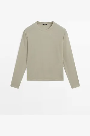 Massimo Dutti Dames - Slim Fit Katoenen T-Shirt Met Lange Mouw - Lichtkaki - S