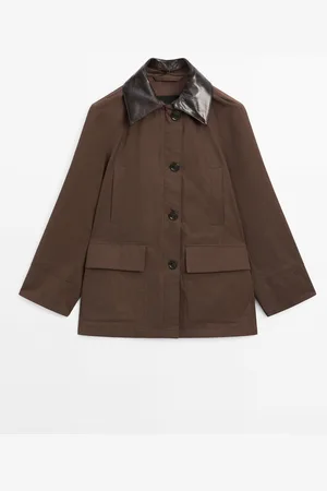 Massimo Dutti Dames - Parka Van Katoenmix Met Afneembaar Leren Detail - Bruin - L