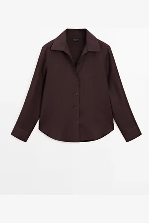 Massimo Dutti Dames - 100% Linnen Overhemd Met Open Kraag - Aubergine - Xs