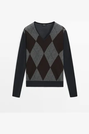 Massimo Dutti Dames - Tricot Trui Van Een Wol- En Zijdemix Met Ruiten - Marineblauw - Xs