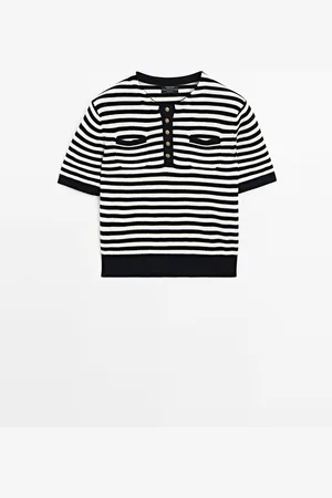Massimo Dutti Dames - Gestreepte Tricot Trui Met Korte Mouw - Marineblauw - Xs