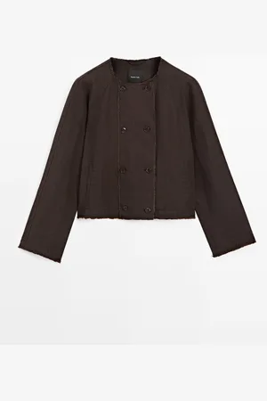 Massimo Dutti Dames - Kort Double-Breasted Linnen Jack - Bruin - M