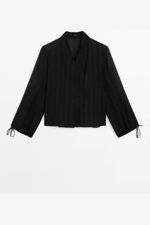 Massimo Dutti Dames - Soepelvallend Gestreept Satijnen Overhemd - Zwart - Xs