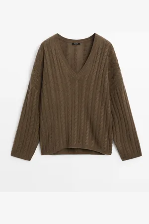 Massimo Dutti Dames - Trui Met Kabelmotief En V-Hals - Toffee - Xs