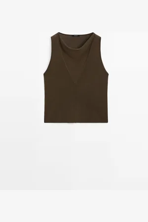 Massimo Dutti Dames - Fijn Gebreide Katoenen Haltertop - Donkerkaki - S