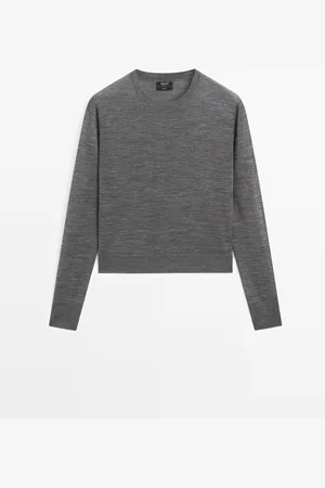 Massimo Dutti Dames - Tricot Trui Van Wolmix Met Ronde Hals - Halfgrijs - Xs
