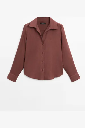 Massimo Dutti Dames - 100% Linnen Overhemd Met Open Kraag - Dakpan - Xs