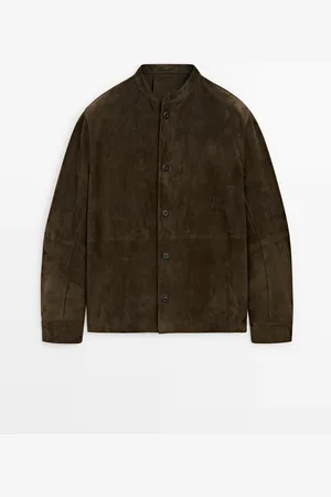 Massimo Dutti Heren - Suède Leren Blouse Met Kraag Met Bandje - Donkerantraciet - Xl