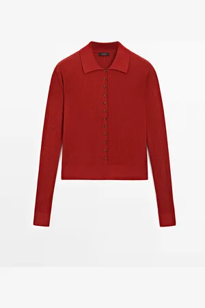 Massimo Dutti Dames - Ribtricot Trui Met Polokraag En Knopen - Rood - Xs