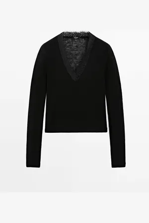 Massimo Dutti Dames - Wollen Tricot Trui Met Kanten Afwerking - Zwart - Xs