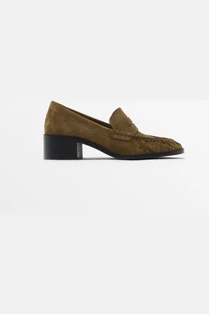 Massimo Dutti Dames - Splitsuède Loafer Met Hak - Camel - 40