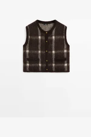 Massimo Dutti Dames - Geruite Tricot Gilet Van Wolmix - Bruin - M