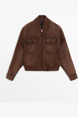 Massimo Dutti Dames - Su??de Leren Bomberjack Met Zakken - Bruin - L